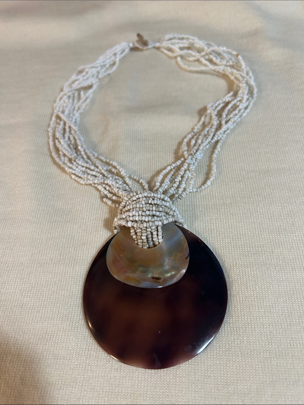 Boho Inspired White Beaded Necklace Dark Brown and Mother of Pearl Shell Pendant